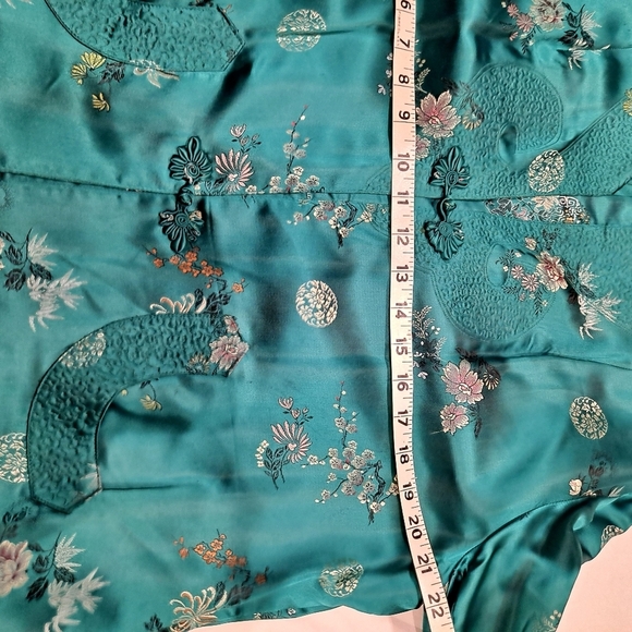 VTG 60's Turquoise Asian Style Chinese Dress/Coat/Robe/Silk Embroidered 44 Flaws - Picture 11 of 13